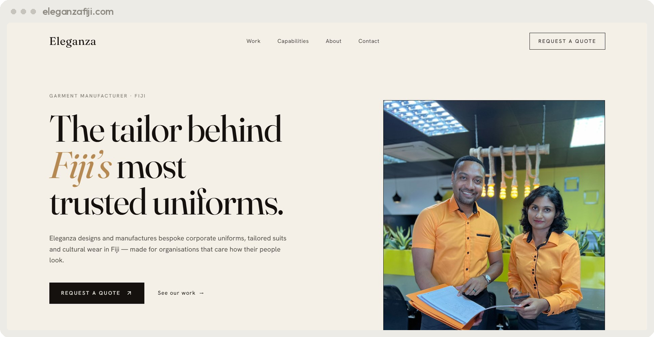 Eleganza Fiji bespoke uniform brand website built by SpiderWebs Solomon Islands