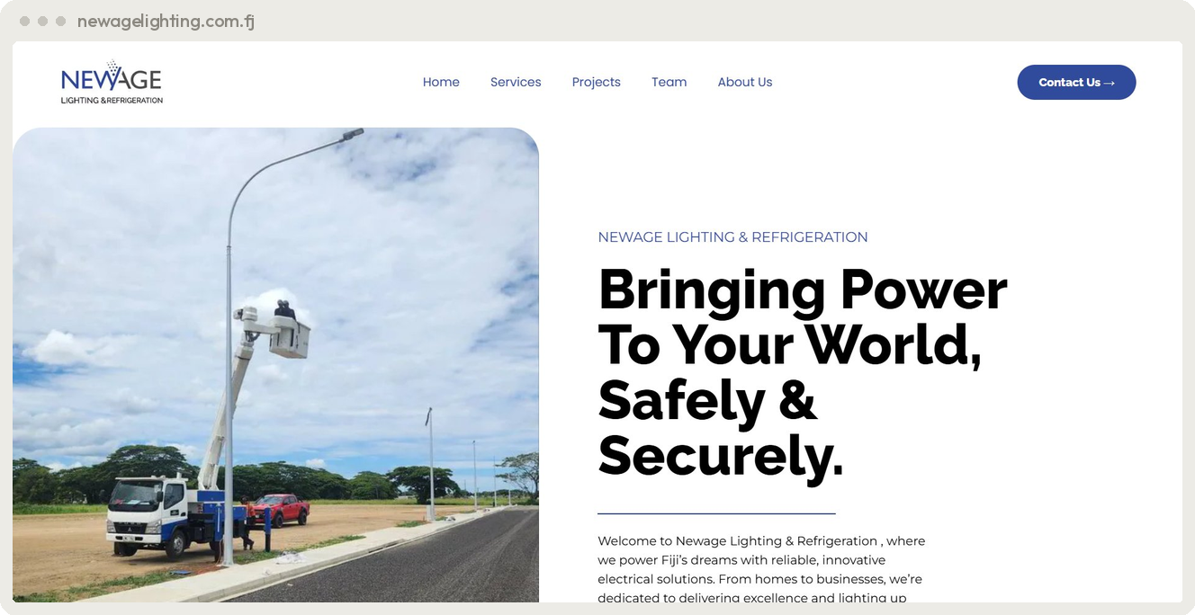 Newage Lighting & Refrigeration Fiji corporate website built by SpiderWebs Solomon Islands