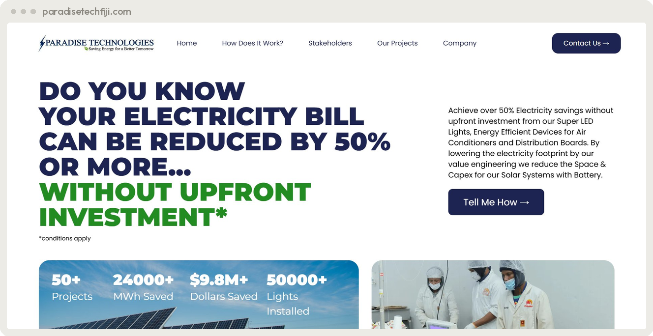 Paradise Technologies Fiji solar and energy solutions website built by SpiderWebs Solomon Islands